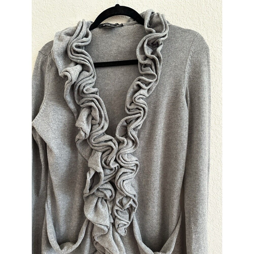 Etcetera Gray Cotton Cashmere Ruffled 2 Pockets Cardigan Sweater Size M - Picture 4 of 14